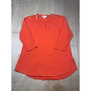 Michael Kors Orange V Neck 3/4 Sleeve Top Gold Zip Detail Women's Size XL